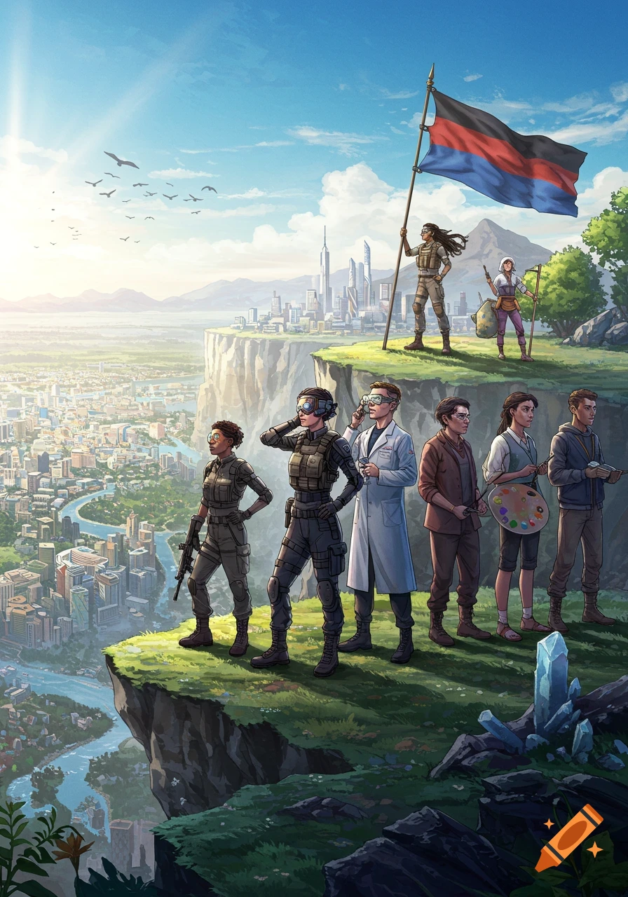 A diverse group including soldiers, a scientist, and an artist, stands on a cliff overlooking a futuristic city, one holding a red, black, and blue flag.
