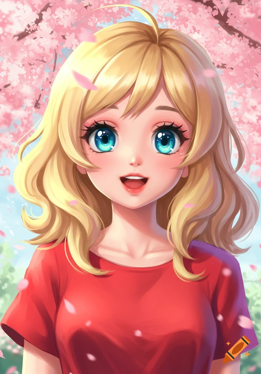 Anime illustration of a cute blonde girl with big blue eyes and a red top, smiling in front of cherry blossoms.