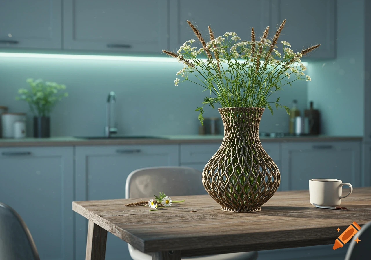 Photorealistic image of a woven vase with wild flowers, a coffee mug, and daisies on a wooden table in a minimalist kitchen.