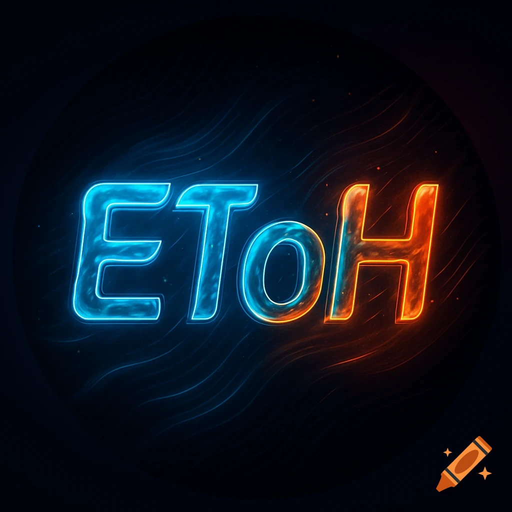 Stylized glowing text 'EToH' with the first part in blue and the last letter in orange, on a dark background with subtle glowing lines.