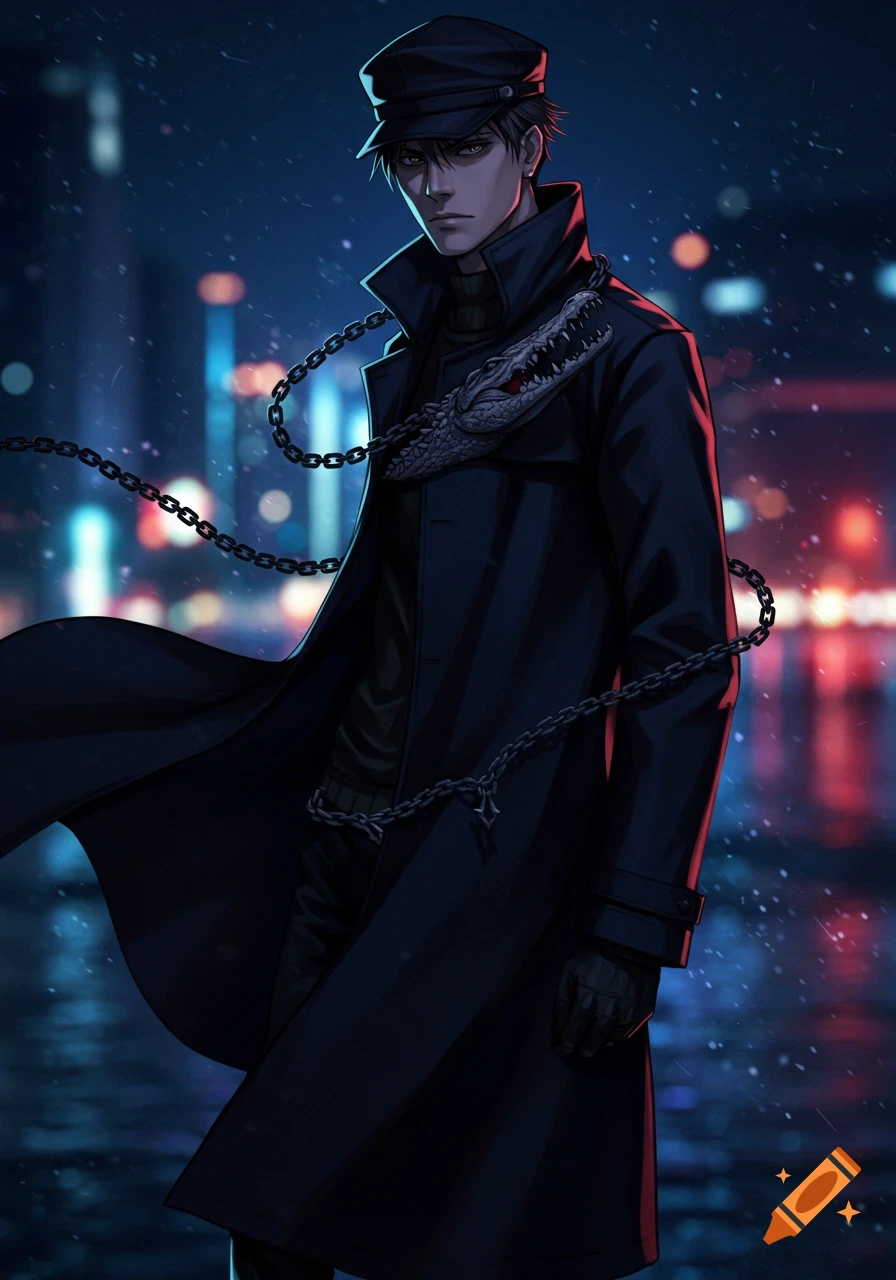 An anime man in a black trench coat and cap stands with chains and a crocodile head detail, against a dark, rainy city background.