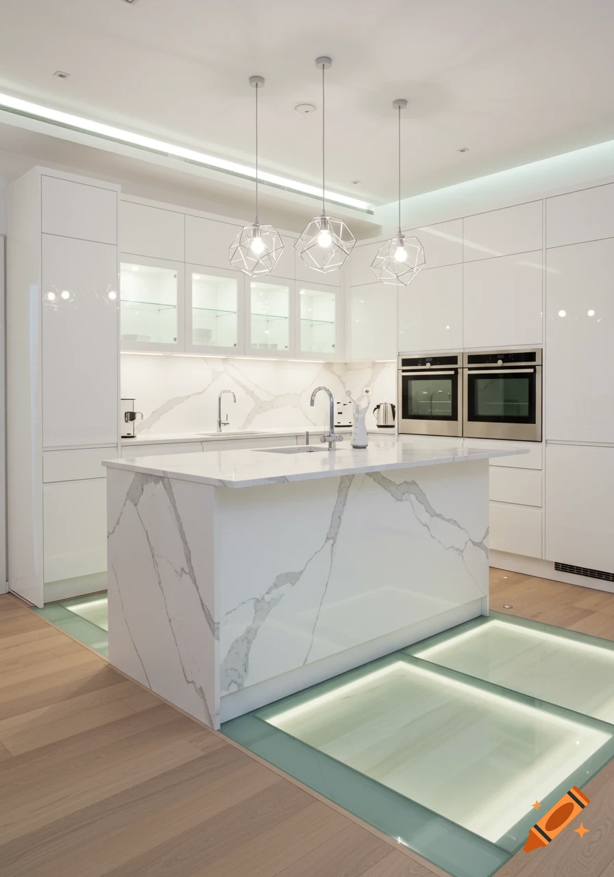 Photorealistic modern white kitchen with a marble-patterned island, stainless steel ovens, geometric pendant lights, and a lighted glass floor section.