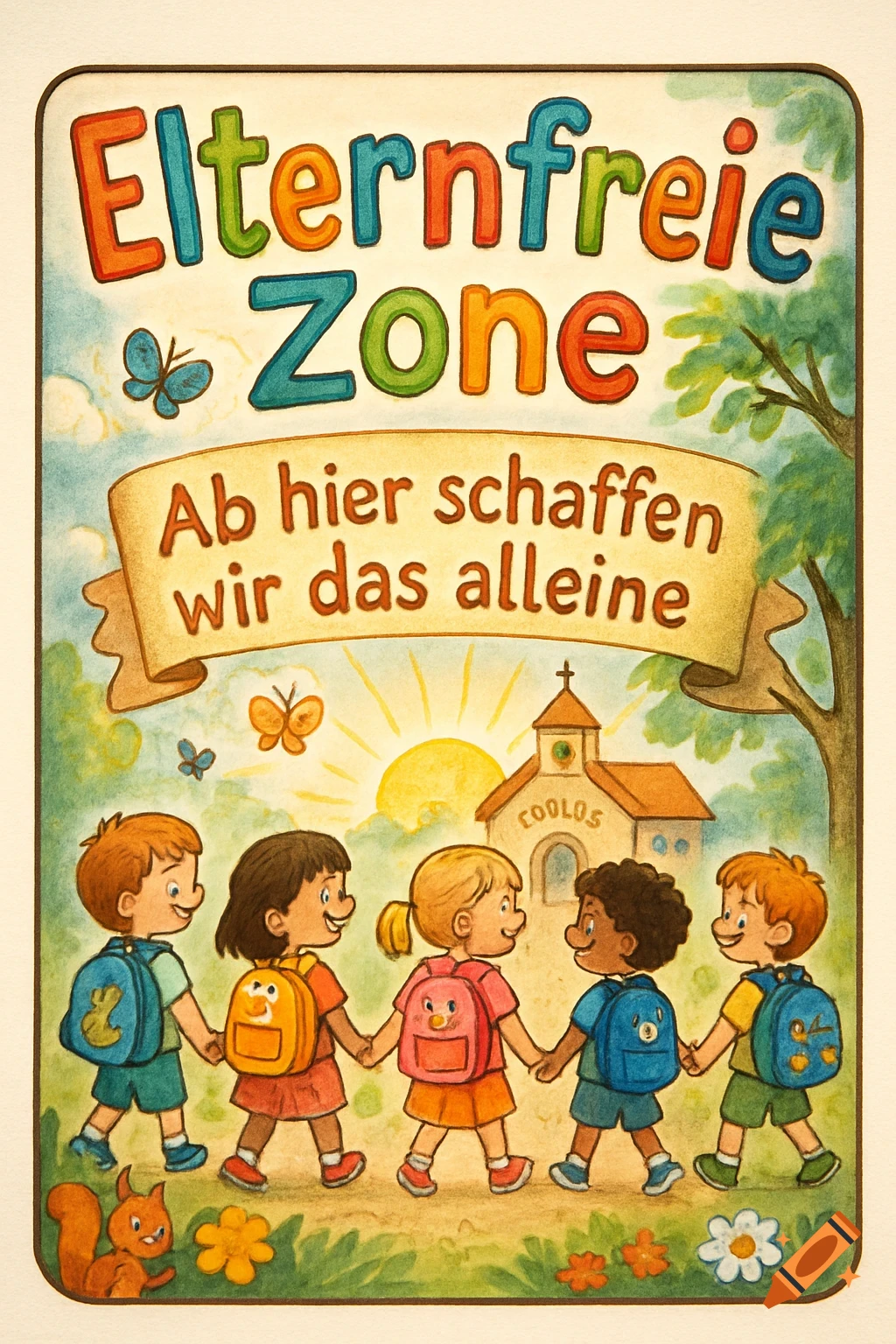 Colorful illustration of diverse cartoon children with backpacks holding hands, walking towards a school. Sign: "Elternfreie Zone".