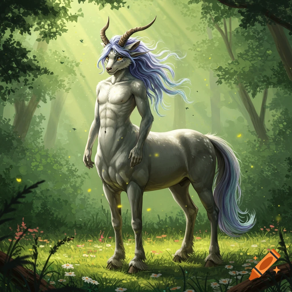 A furry centaur with a wolf-like head, horns, and blue hair stands in a sunlit green forest with glowing particles.