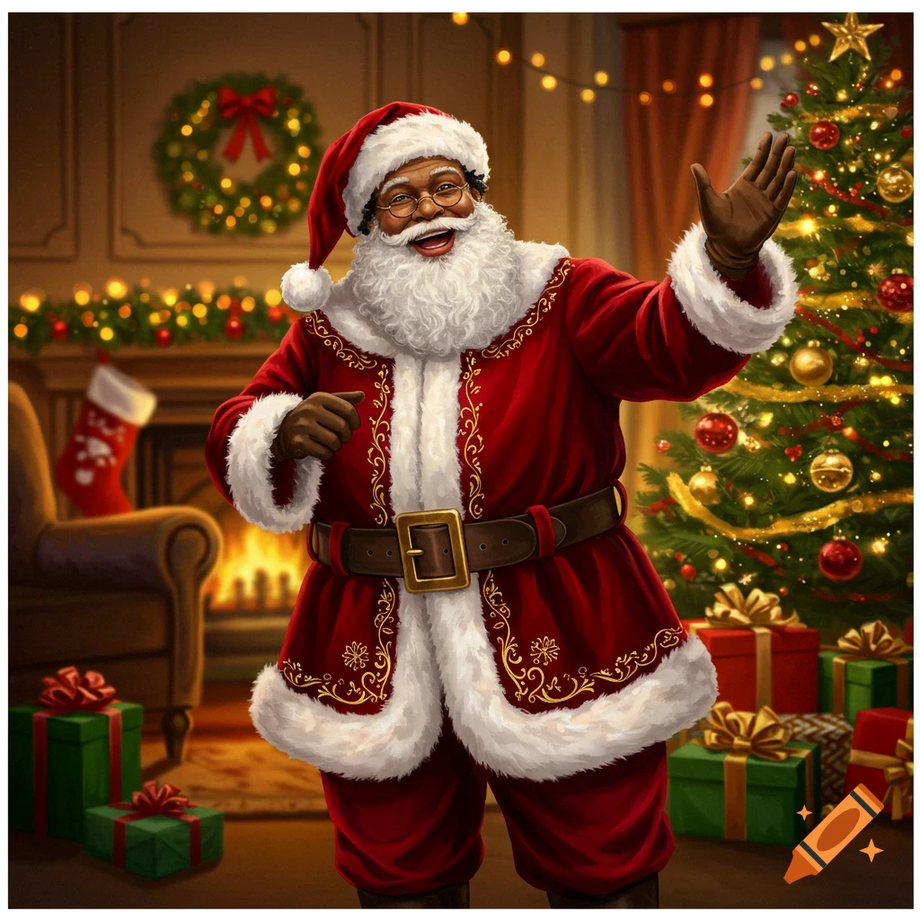 A joyful Black Santa Claus with a white beard, wearing a red suit, waves in a festive room with a fireplace and a decorated Christmas tree.