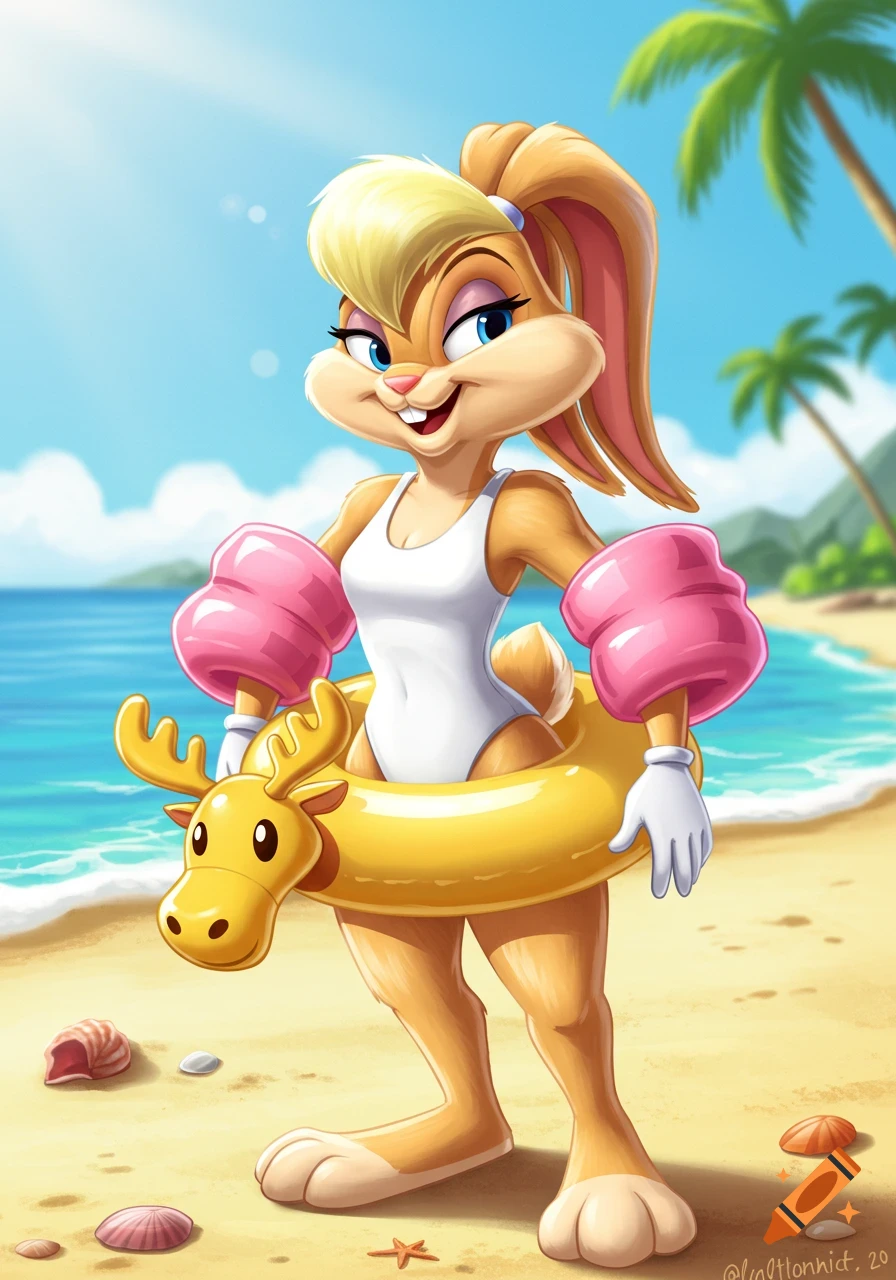 Lola Bunny on a beach in a white swimsuit, pink arm floaties, and a yellow moose swim ring.