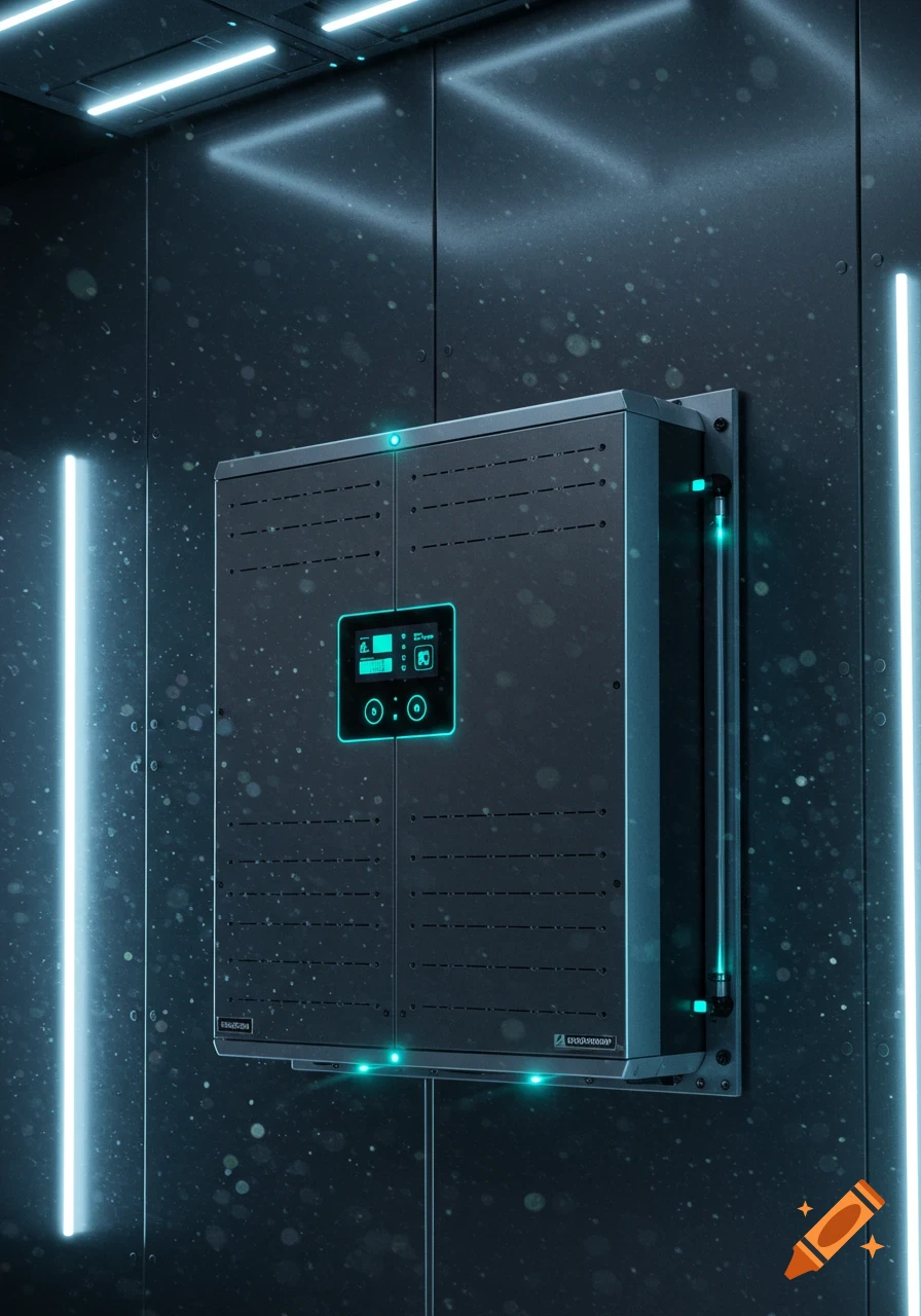 A futuristic dark grey wall-mounted battery storage system with glowing cyan lights and a digital display, against a speckled dark wall with neon light strips.