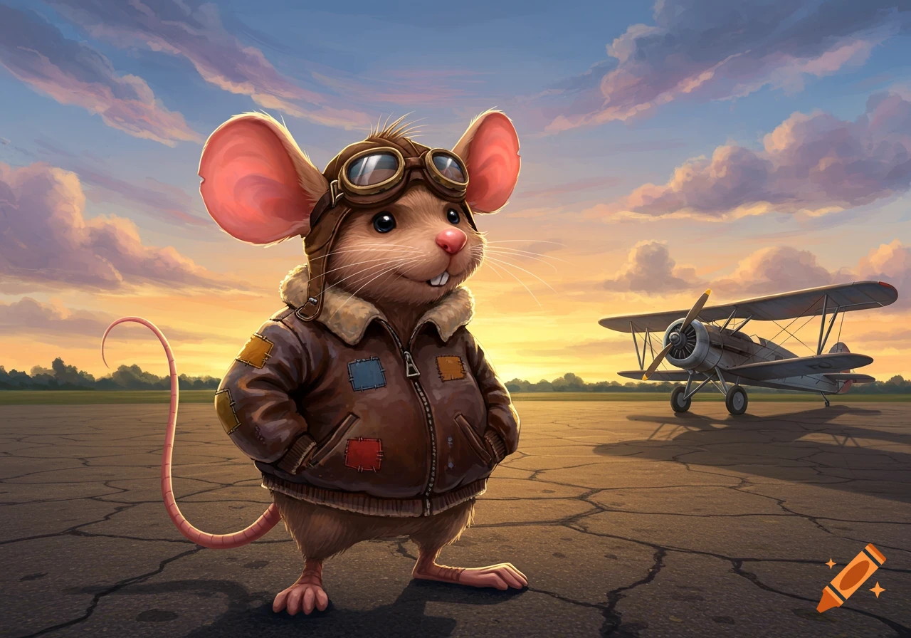 A cute cartoon mouse pilot in a leather jacket and goggles stands on an airfield at sunset next to a biplane.