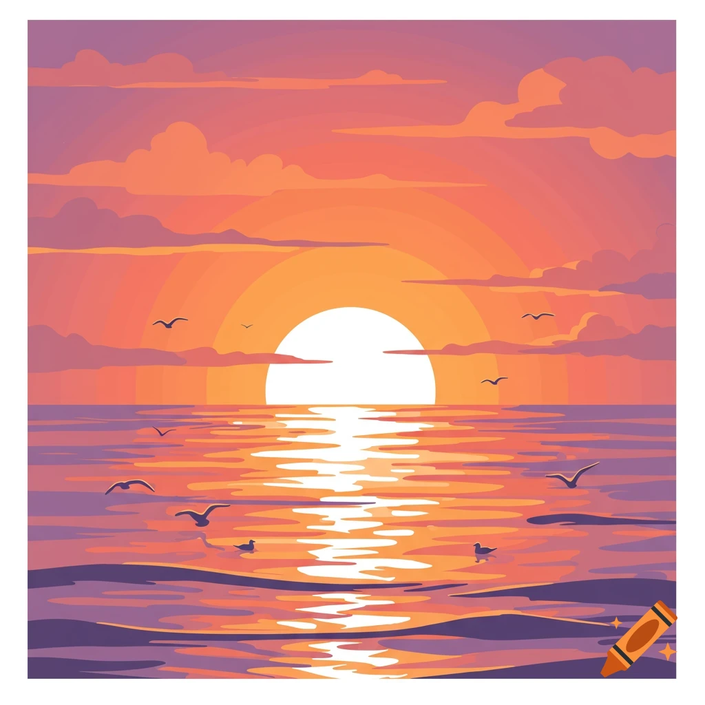 Vibrant vector art of a sunset over the ocean, with a large sun reflecting on the water and silhouetted birds.
