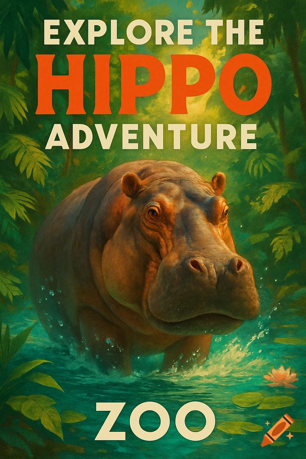 An illustrated poster for a hippo exhibit at a zoo, featuring a hippo partially submerged in water in a lush jungle.