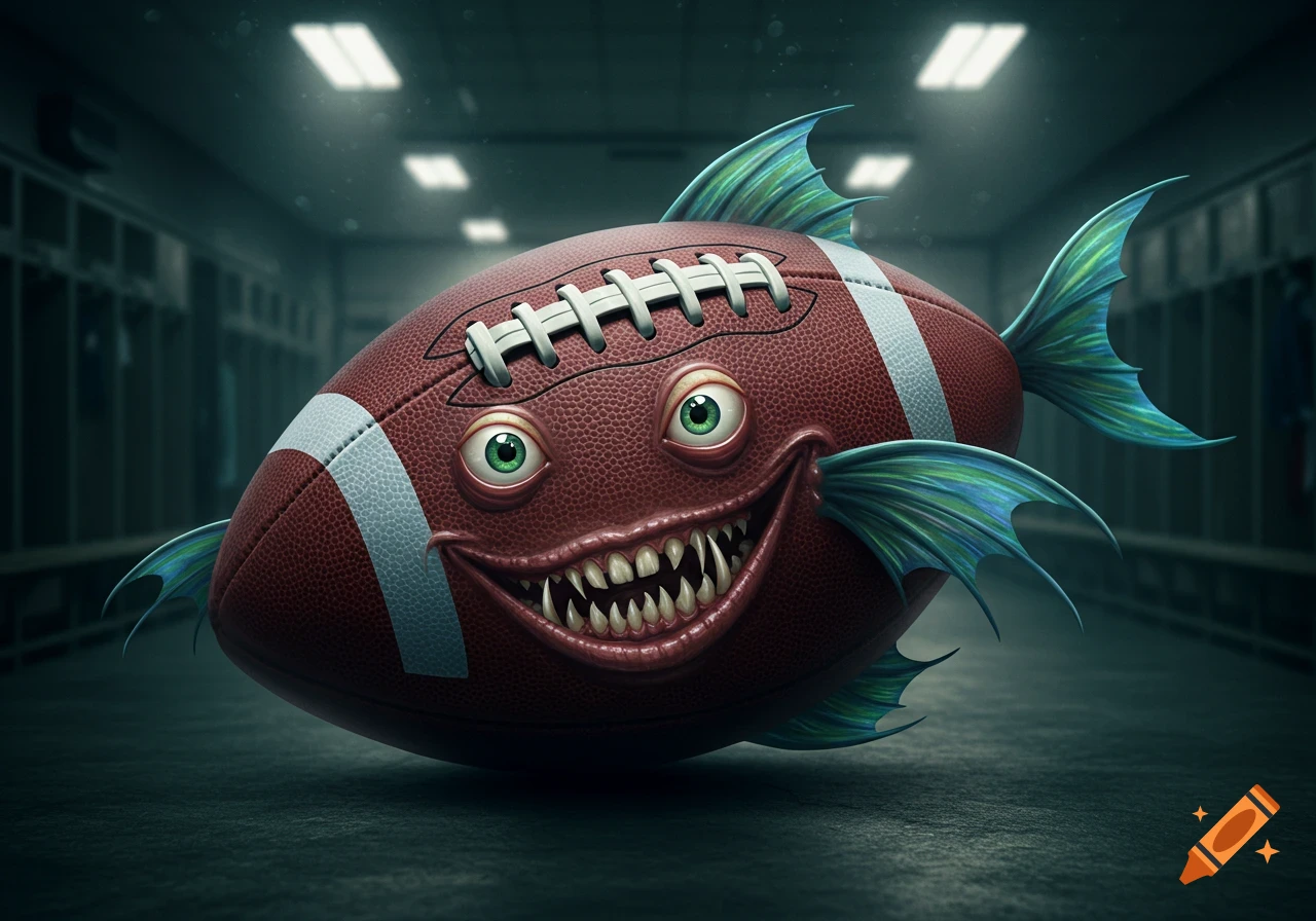 A monstrous American football with bright green eyes, sharp teeth, and blue-green fish fins sits in a dimly lit locker room.