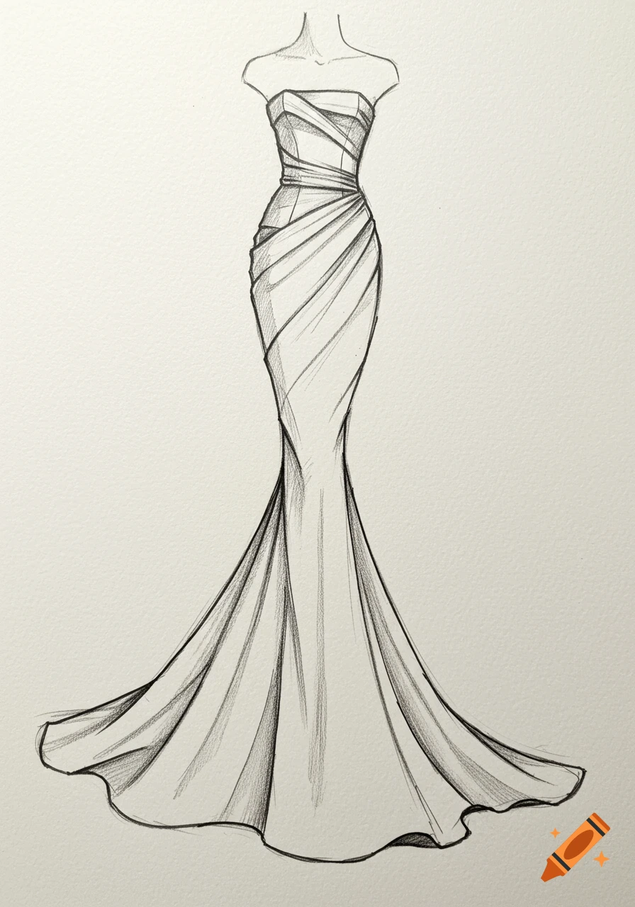A black and white pencil sketch of a strapless, floor-length gown with a draped, fitted bodice and a flowing mermaid skirt.