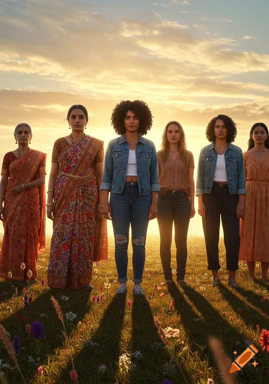 Six diverse women standing in a wildflower field at sunset, casting long shadows.
