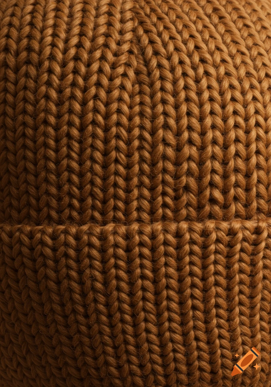 A close-up, high-definition shot of a brown knitted beanie hat texture.