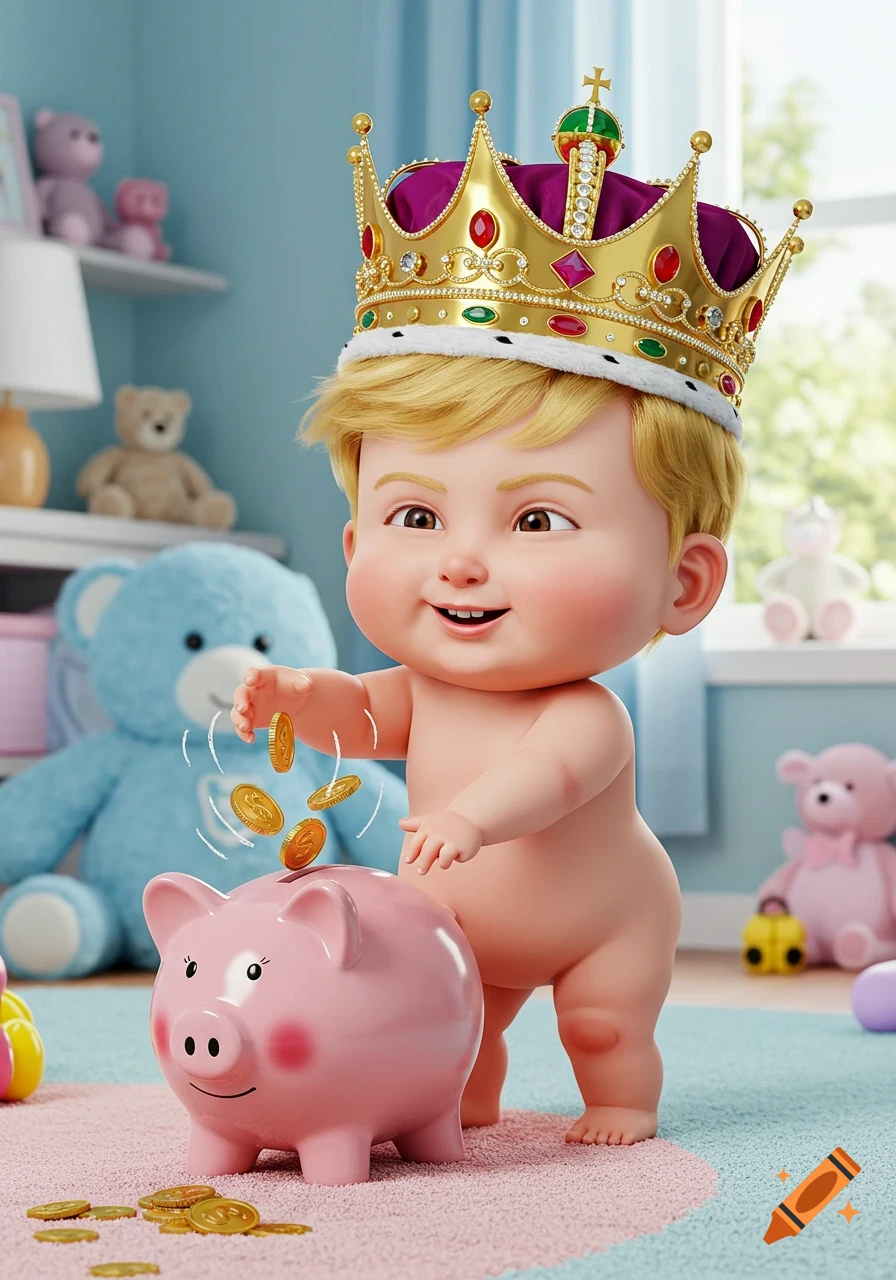 A cute 3D illustration of a cartoon baby king with a golden crown putting coins into a pink piggy bank in a nursery.