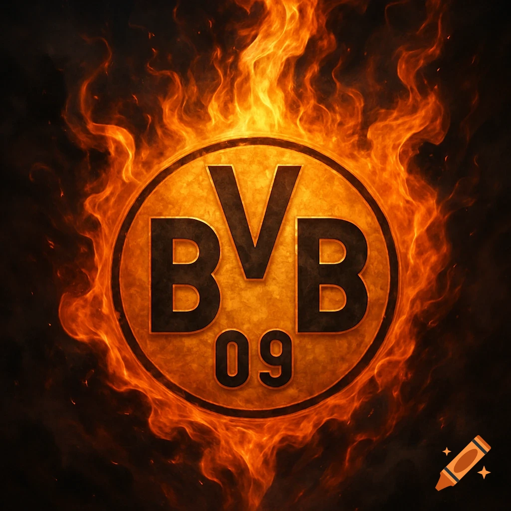 Black and gold BVB 09 logo engulfed in bright orange flames on a dark background.