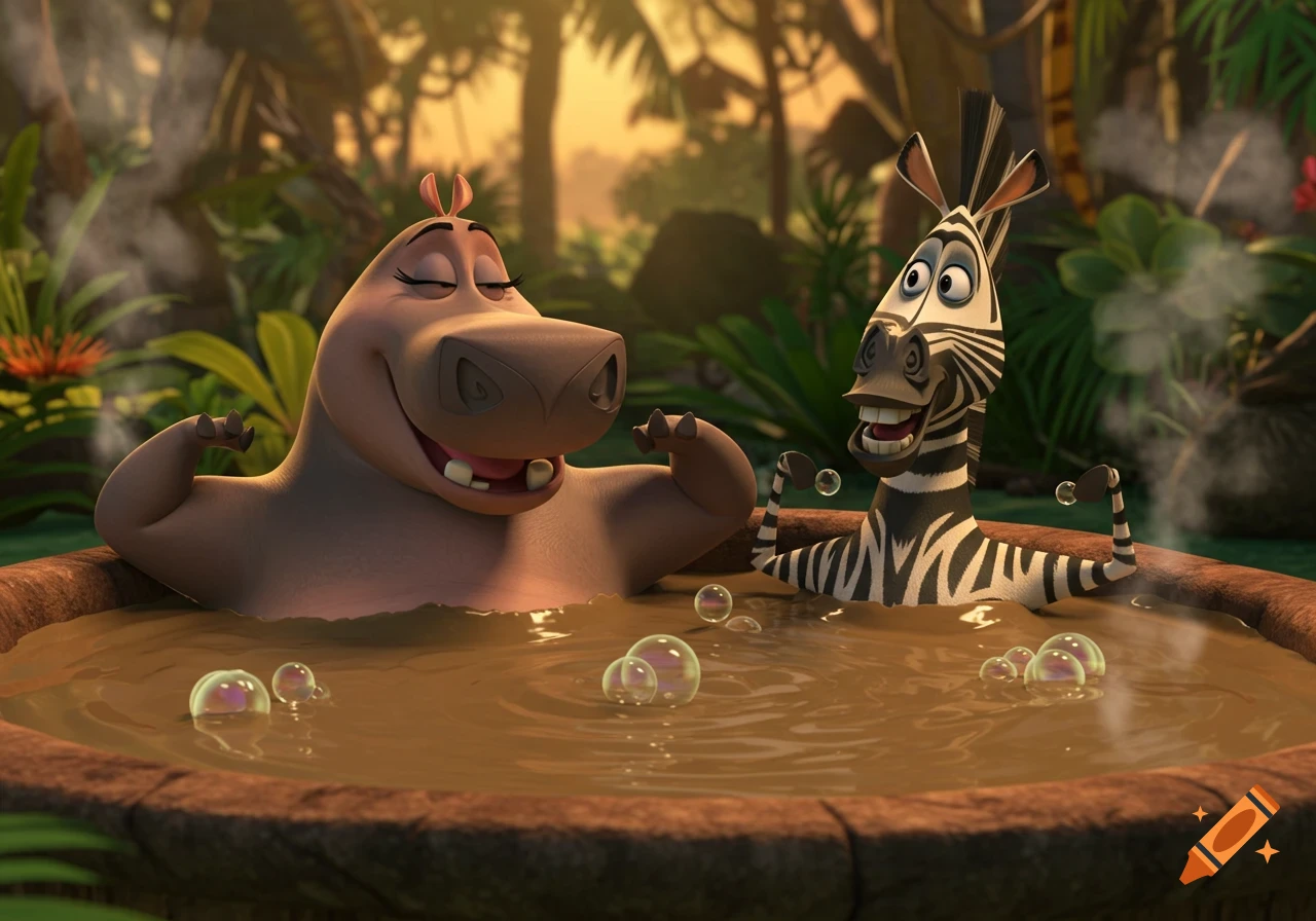 Gloria the hippo and Marty the zebra from Madagascar relaxing in a mud hot tub in a jungle, 3D animation style.