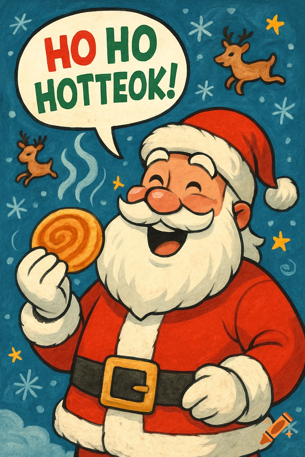 Comic illustration of Santa Claus happily holding a hotteok, saying "HO HO HOTTEOK!" in a speech bubble on a snowy blue background with reindeer.