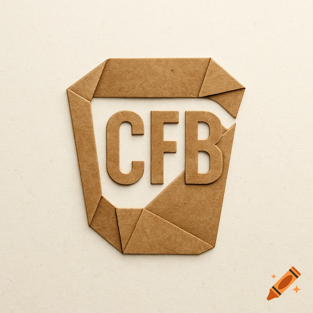 Minimalist logo featuring the letters CFB cut from kraft paper, centered within a folded paper container shape.