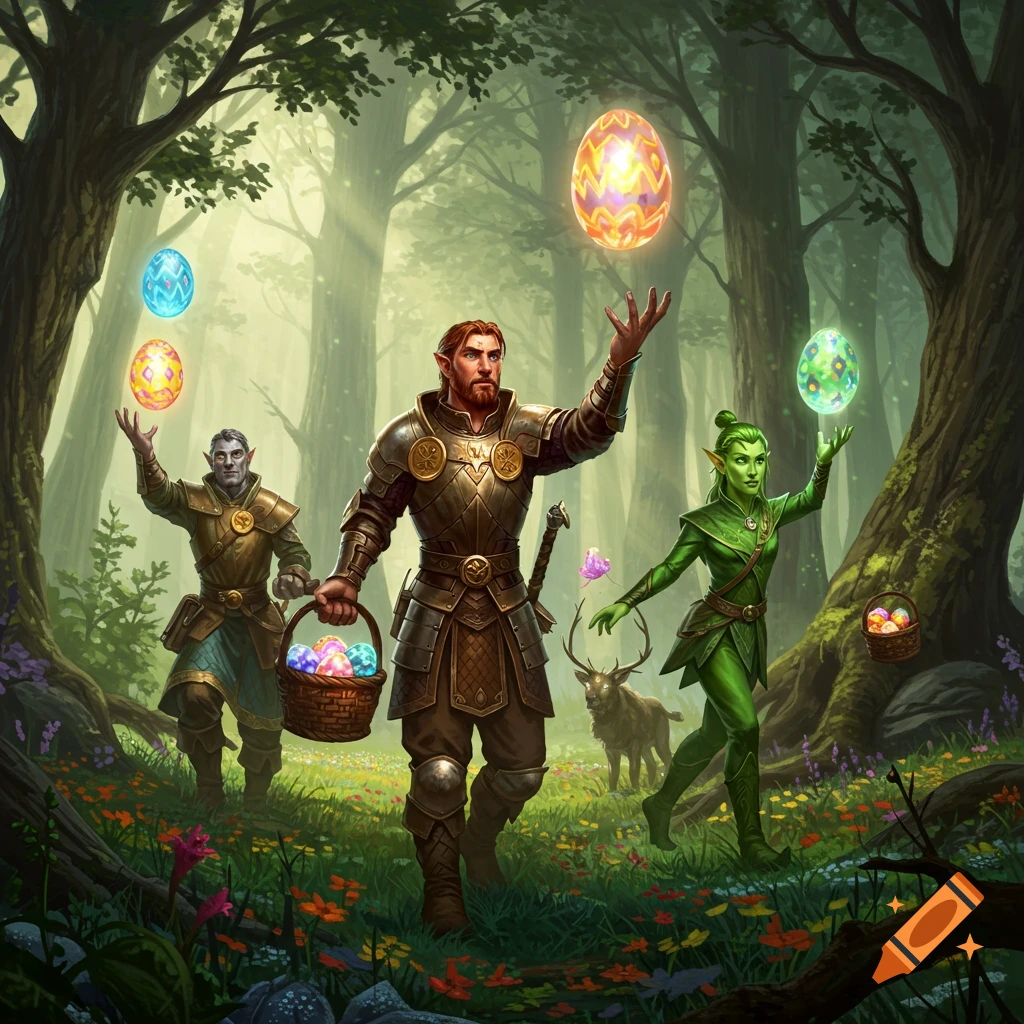Fantasy characters, including elves, in a vibrant forest, juggling and collecting glowing magical Easter eggs in baskets.
