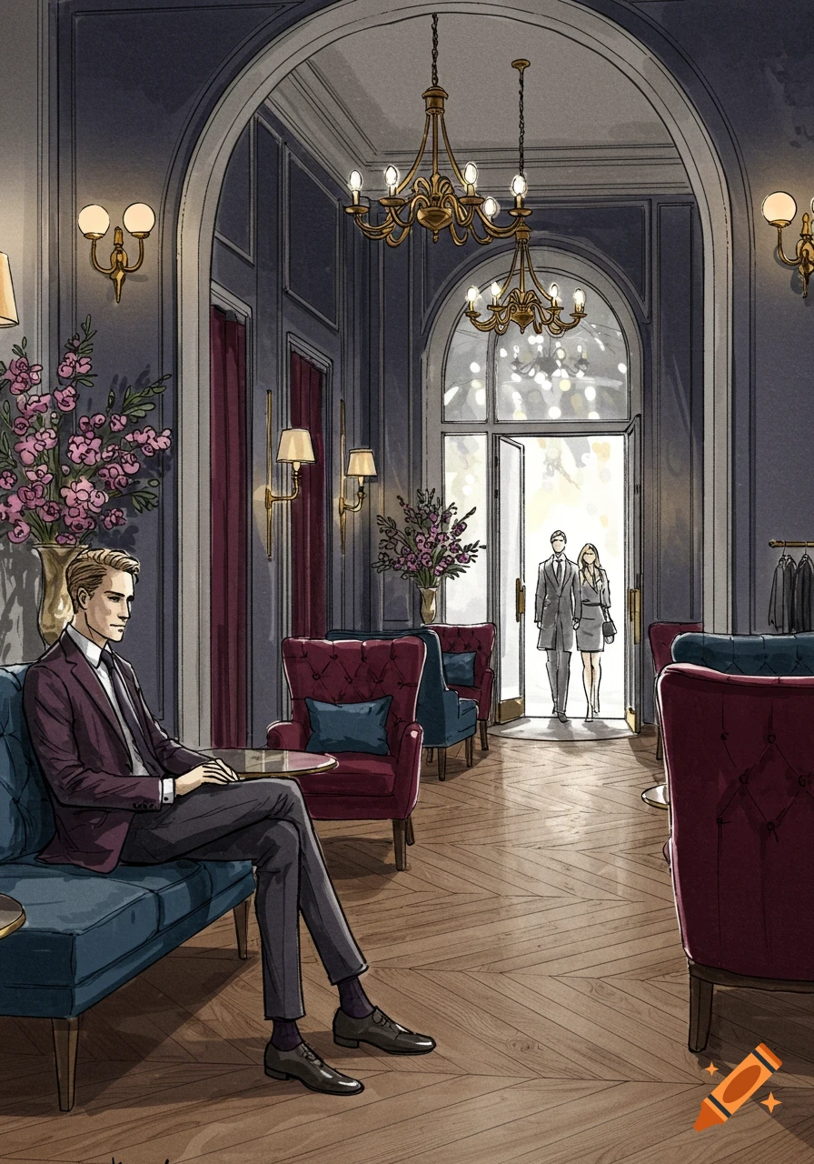 Sketch drawing of a man waiting in a luxurious lounge with red chairs, as a couple enters through an arched doorway.