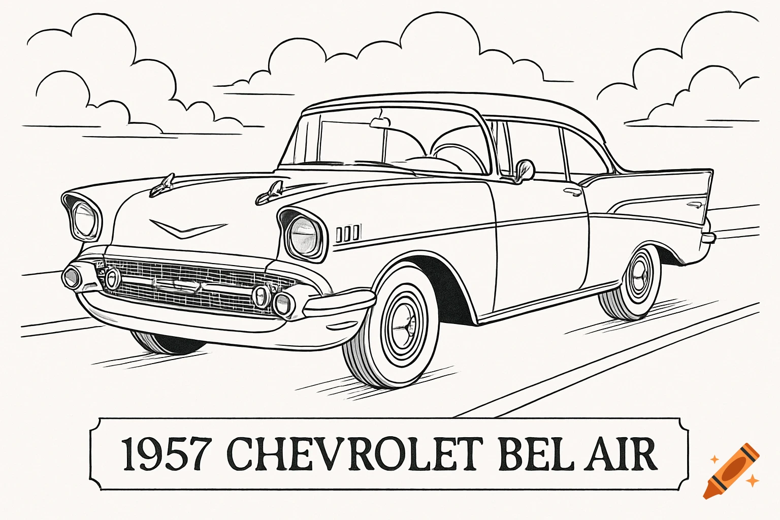 Line art coloring page of a 1957 Chevrolet Bel Air driving, with simple clouds and road lines, and a label underneath saying "1957 CHEVROLET BEL AIR".