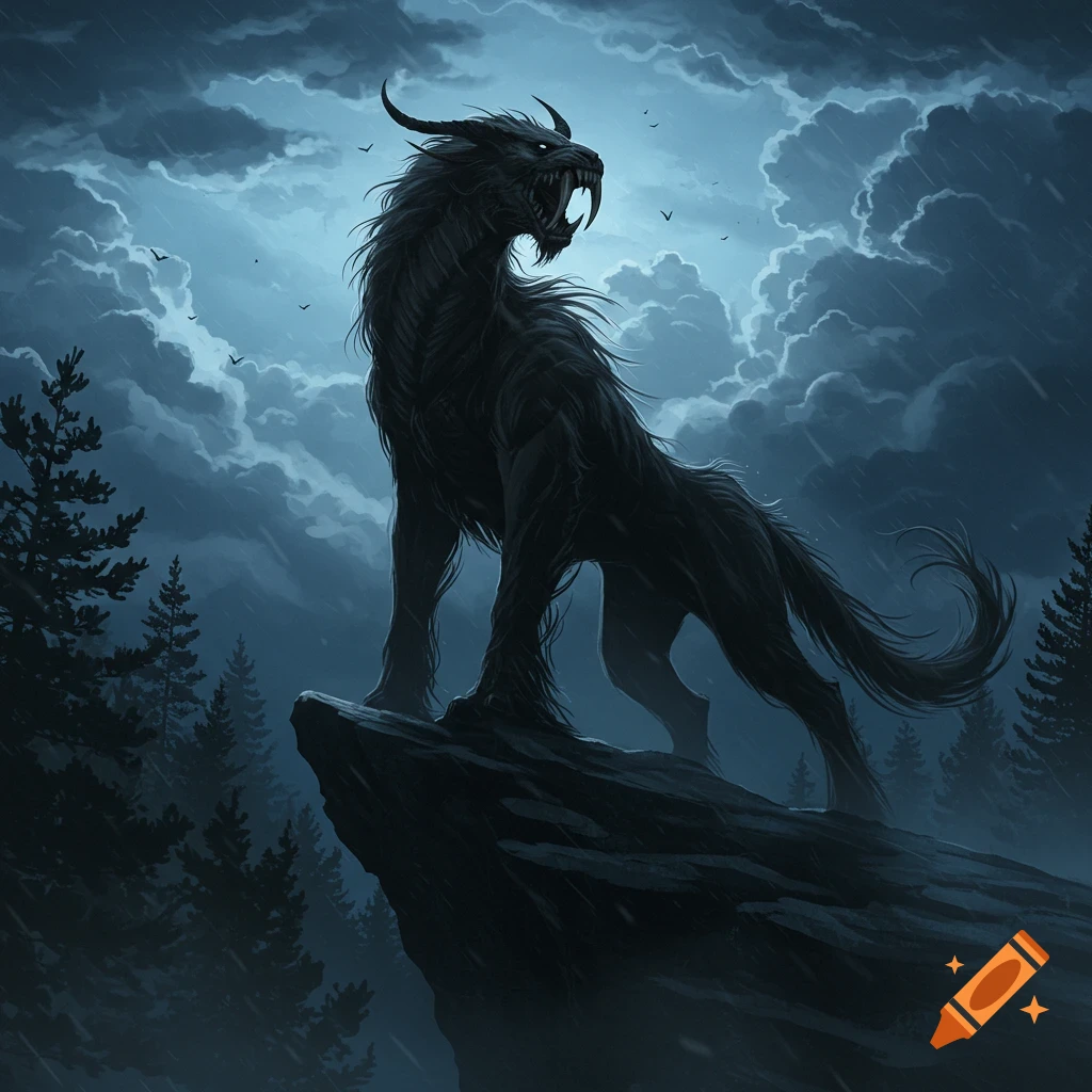 A fierce, dark horned monster with fangs roars atop a cliff overlooking a stormy forest under a moonlit sky, in a dark fantasy art style.