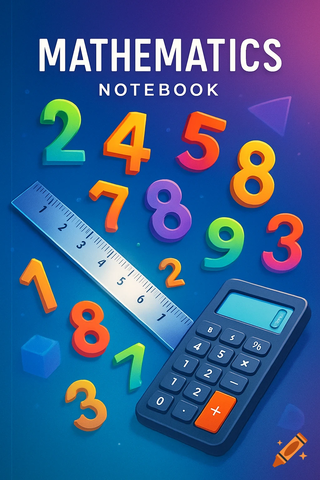 Colorful 3D illustration for a math notebook cover, featuring numbers, a ruler, and a calculator on a blue-purple gradient background.