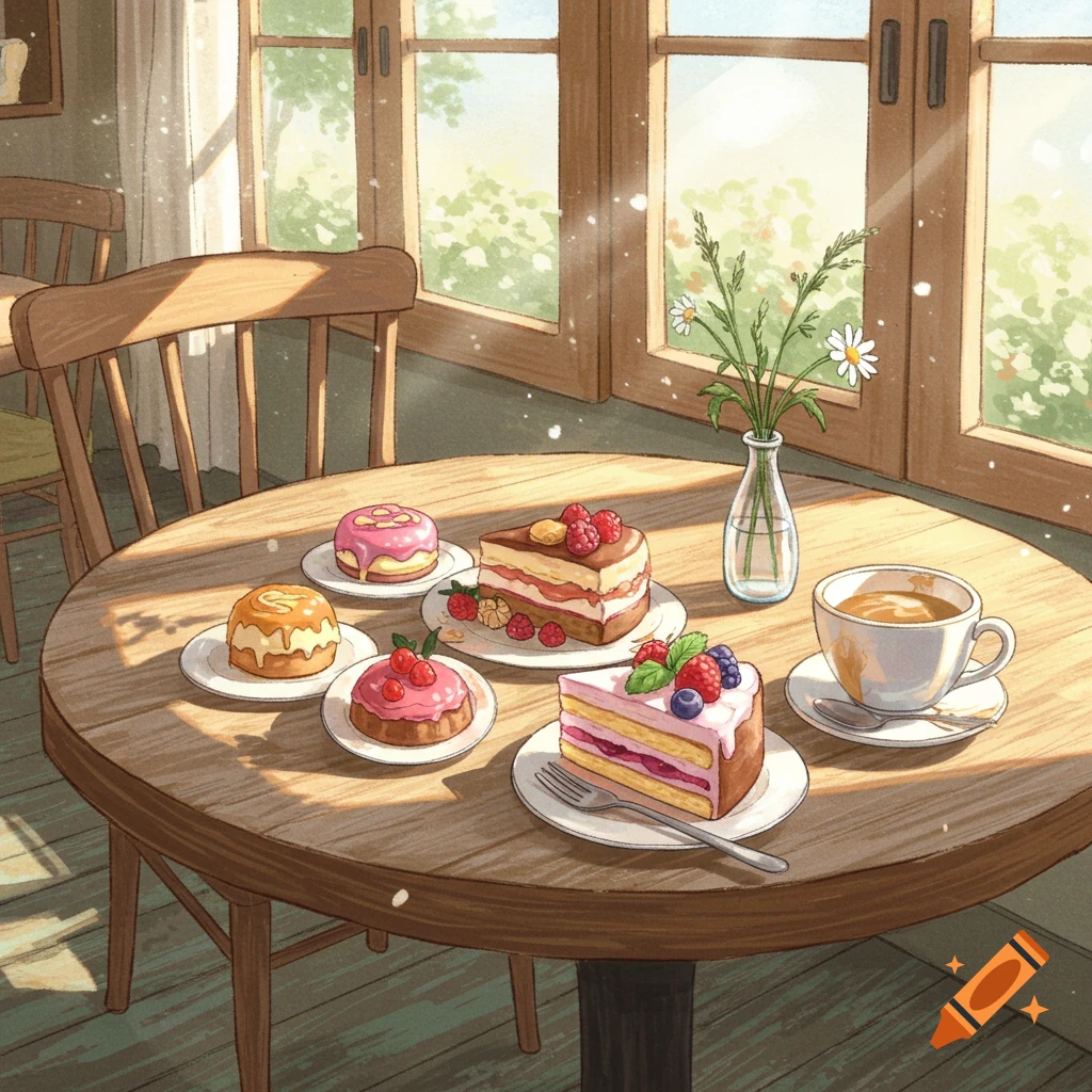 A bright illustration of a wooden table laden with various pastries, cakes, and a coffee cup in a sunlit cafe.
