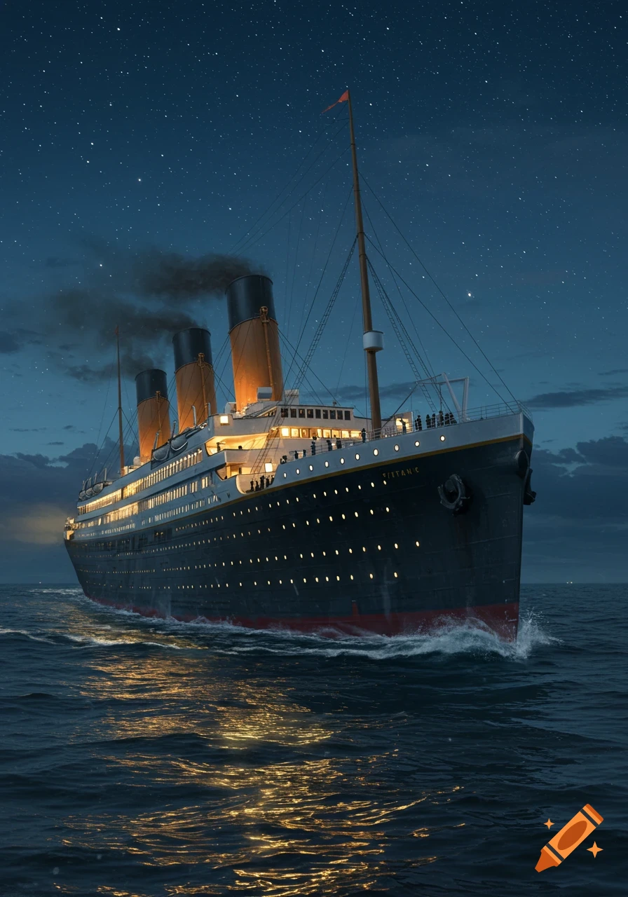 The RMS Titanic steams through a dark, starry night, its lights reflecting on the ocean's surface.