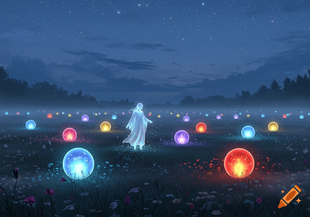 An ethereal figure stands in a field at night surrounded by numerous glowing, colorful orbs under a starry sky.