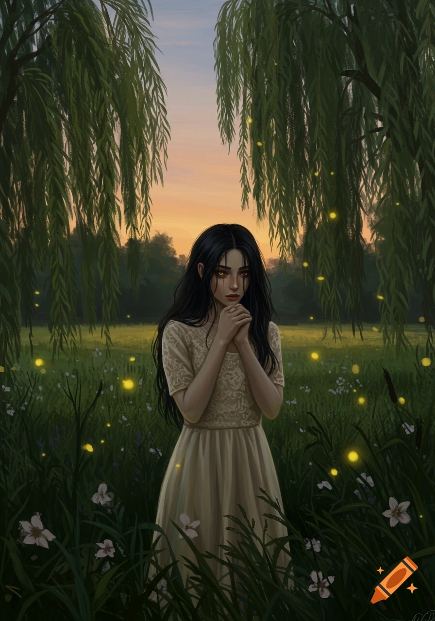 A melancholic young woman with long dark hair, wearing a dress, stands in a field of fireflies and willow trees at sunset.