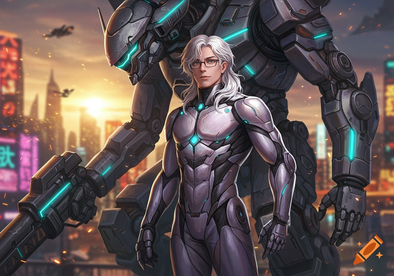 Young male mech pilot in light armor with glasses and long white hair stands before a large mech in a futuristic city at sunset.