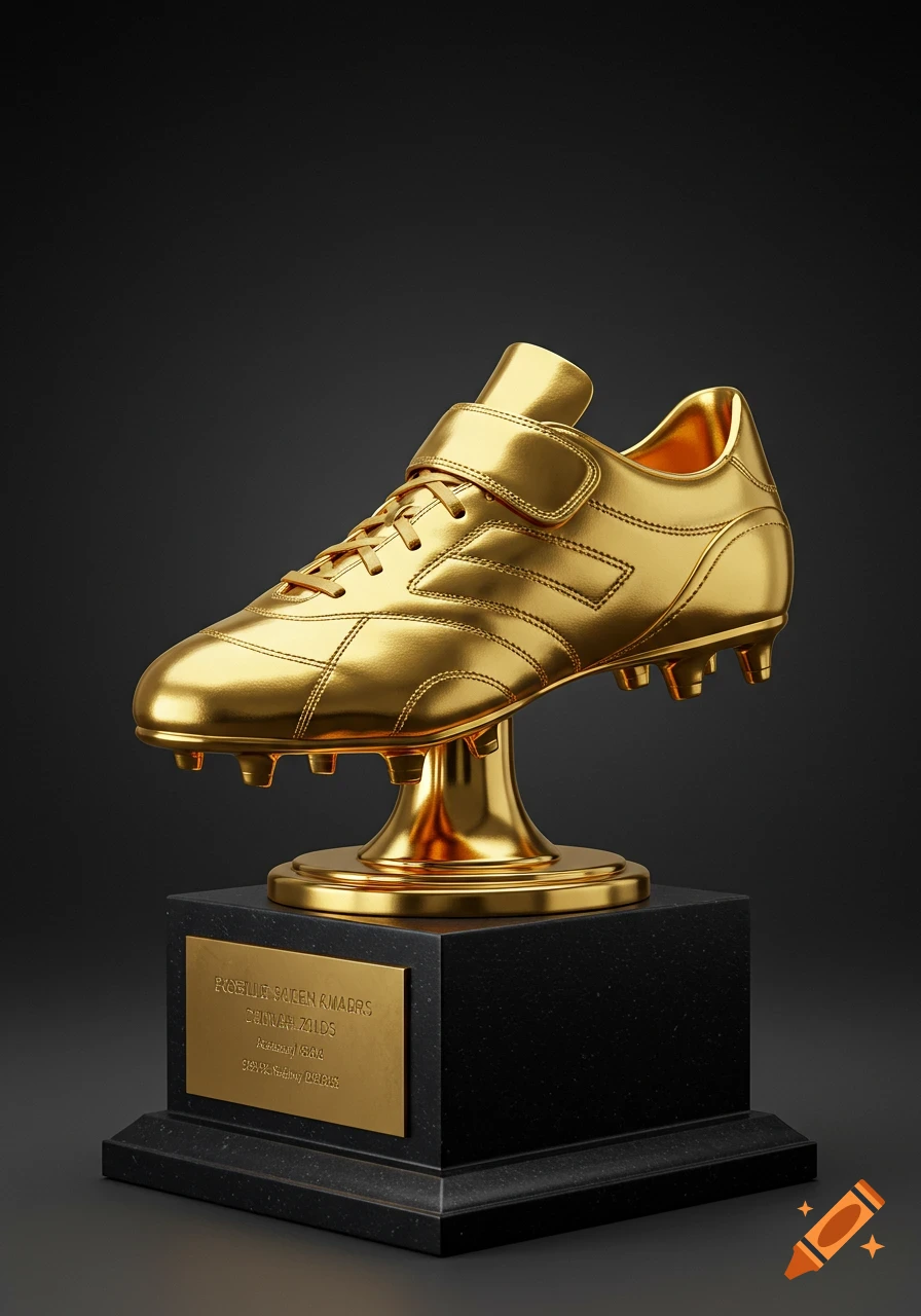 A photorealistic golden football boot award stands on a black marble base with a golden plaque against a dark background.