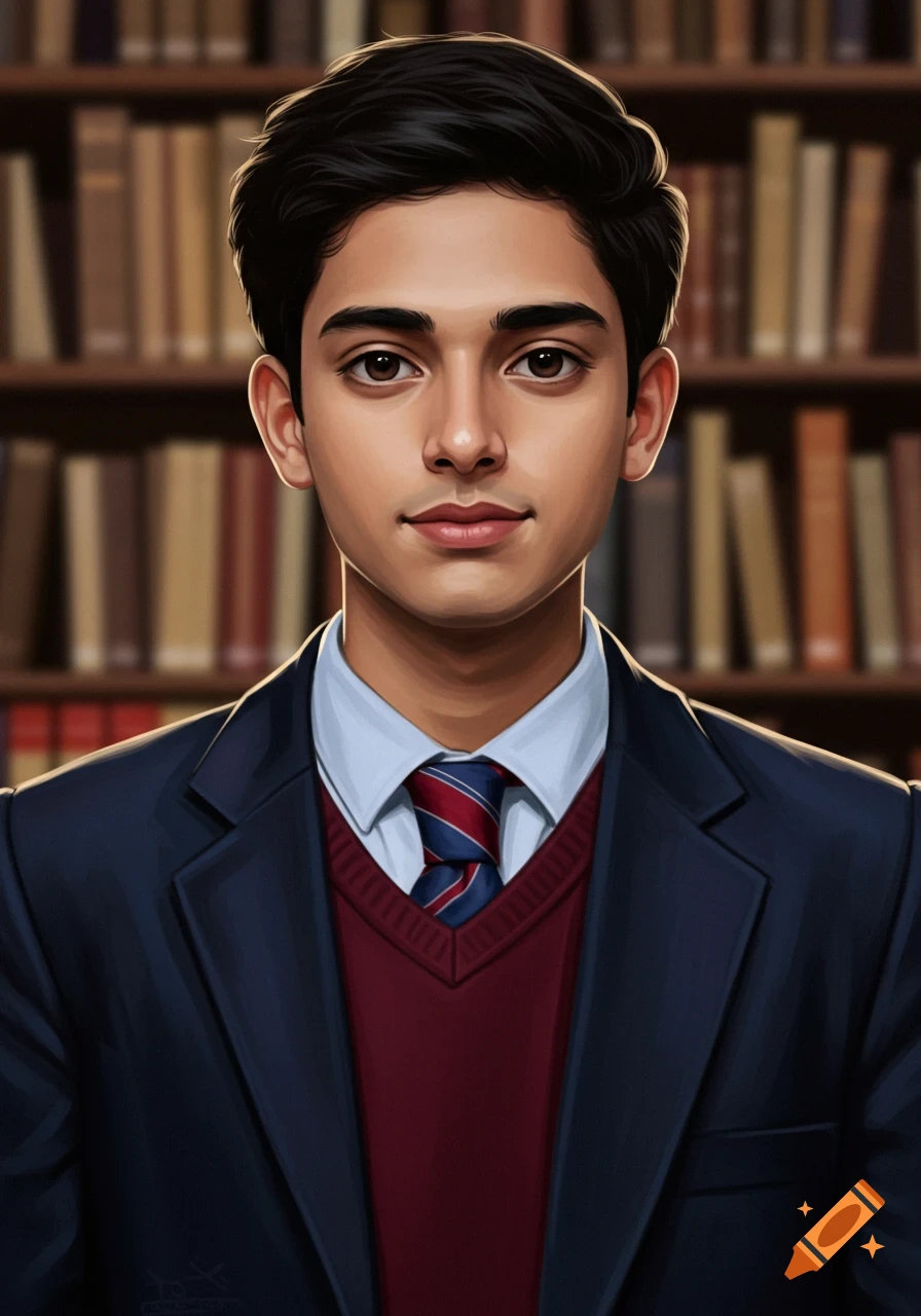 A stylized portrait of a young man with dark hair, wearing a navy blazer, maroon sweater, blue shirt, and a striped tie, in front of bookshelves.
