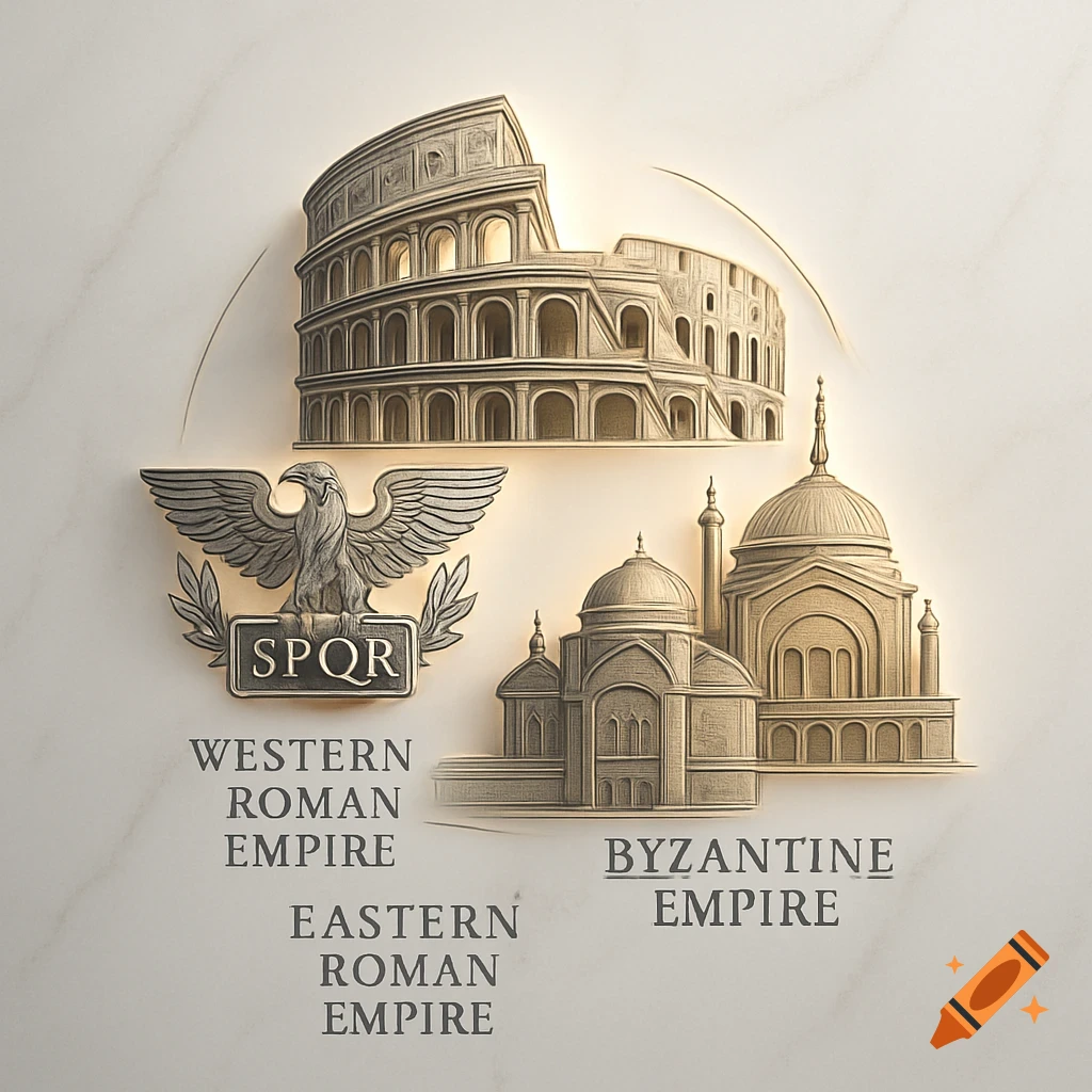 Stylized rendering of Roman Empire symbols: Colosseum, SPQR eagle, and Byzantine architecture with empire names.