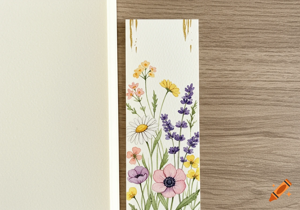 Watercolor bookmark featuring colorful wild flowers and gold accents against a wooden surface.