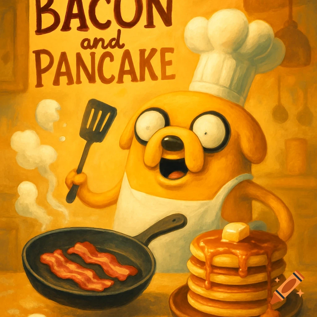 Jake the Dog from Adventure Time as a chef, holding a spatula next to a pan of bacon and a stack of pancakes.