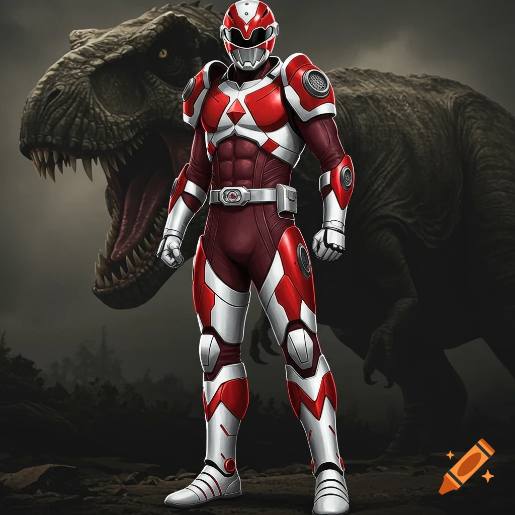 A red and white armored hero resembling a Power Ranger stands in front of a roaring Tyrannosaurus Rex in a dark, rocky landscape.