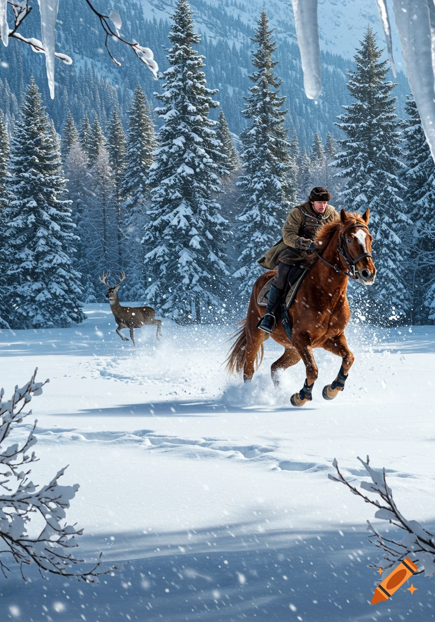 A man rides a brown horse through deep snow, kicking up powder. A deer runs in the background of a snow-covered forest with icicles hanging from branches. Photorealistic.