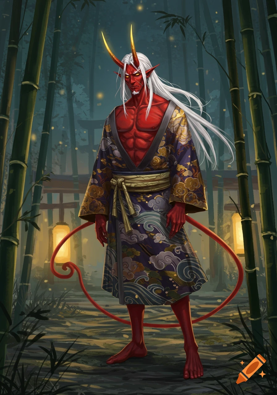 A muscular red yokai oni with gold horns, white hair, and a short beard stands in a bamboo forest, wearing a patterned kimono.