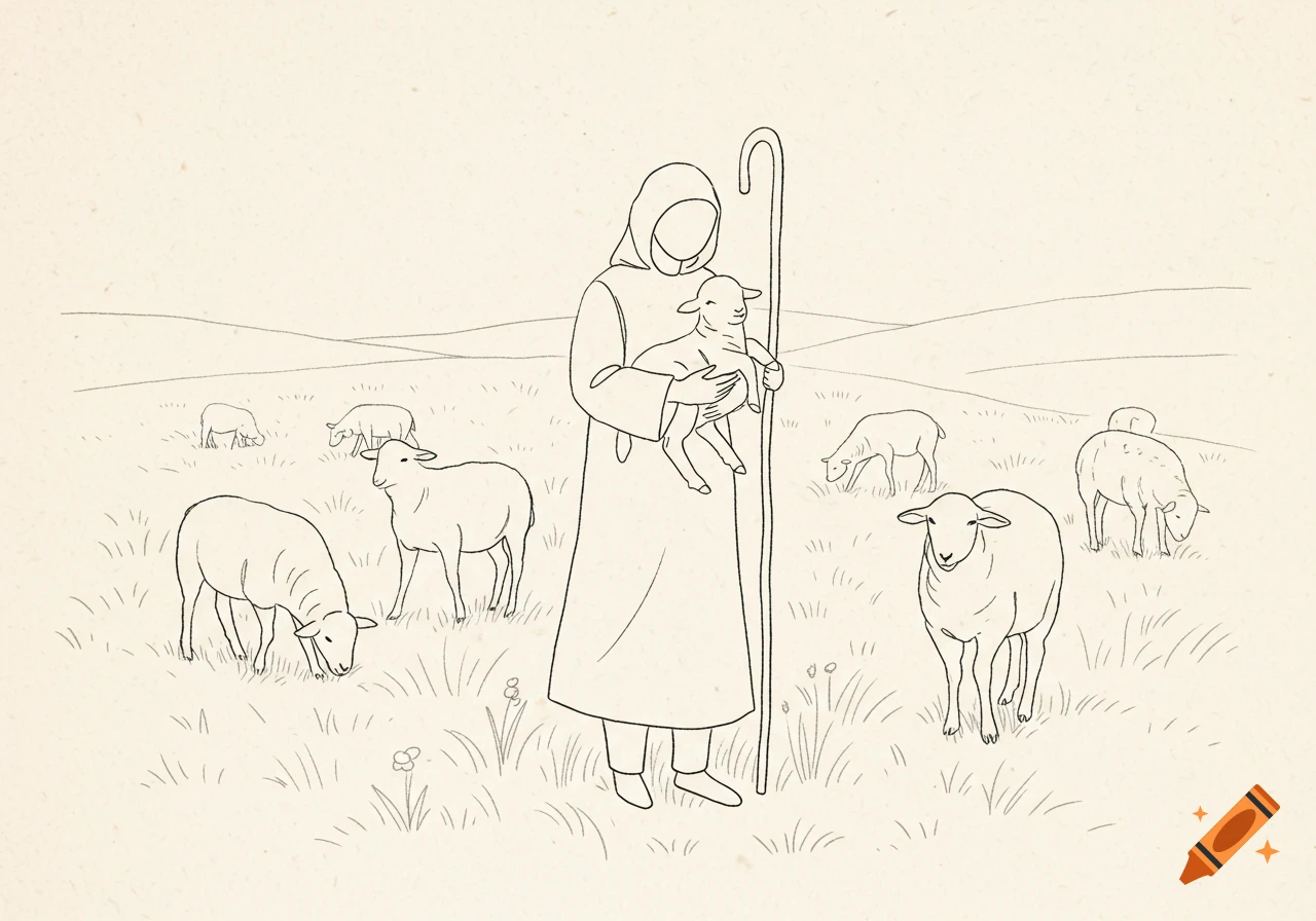 A line drawing depicts a faceless shepherd cradling a lamb in a grassy field with other sheep grazing in the background.