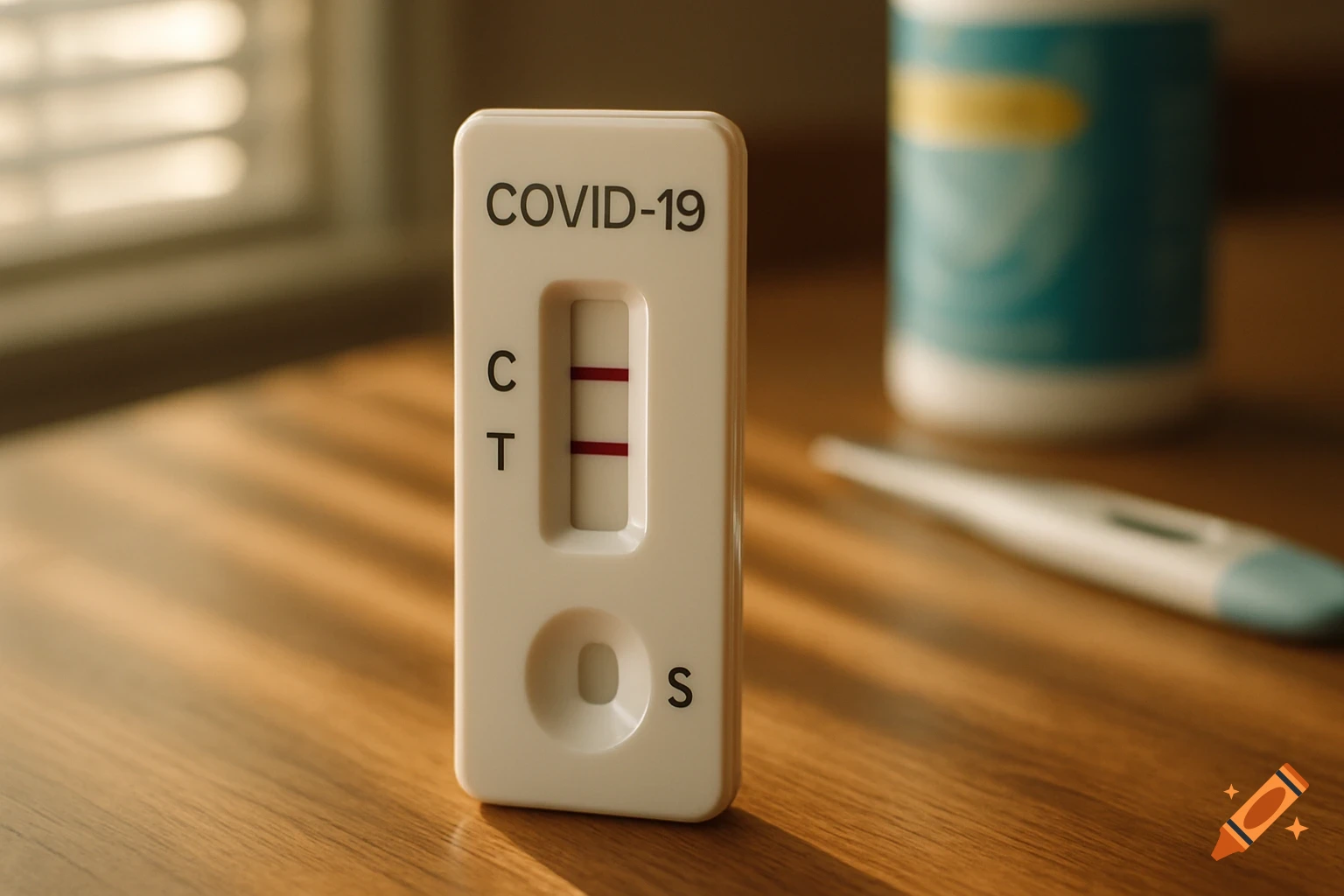 Close-up of a positive COVID-19 rapid test, thermometer, and medicine bottle on a sunlit wooden table.