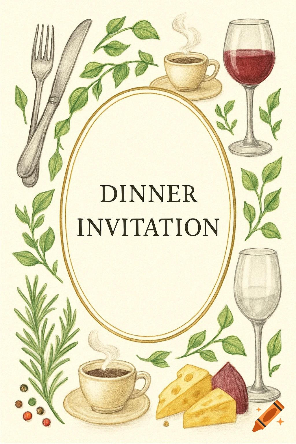 Color pencil illustration of a dinner invitation with cutlery, wine, coffee, cheese, and herbs surrounding an oval text frame.