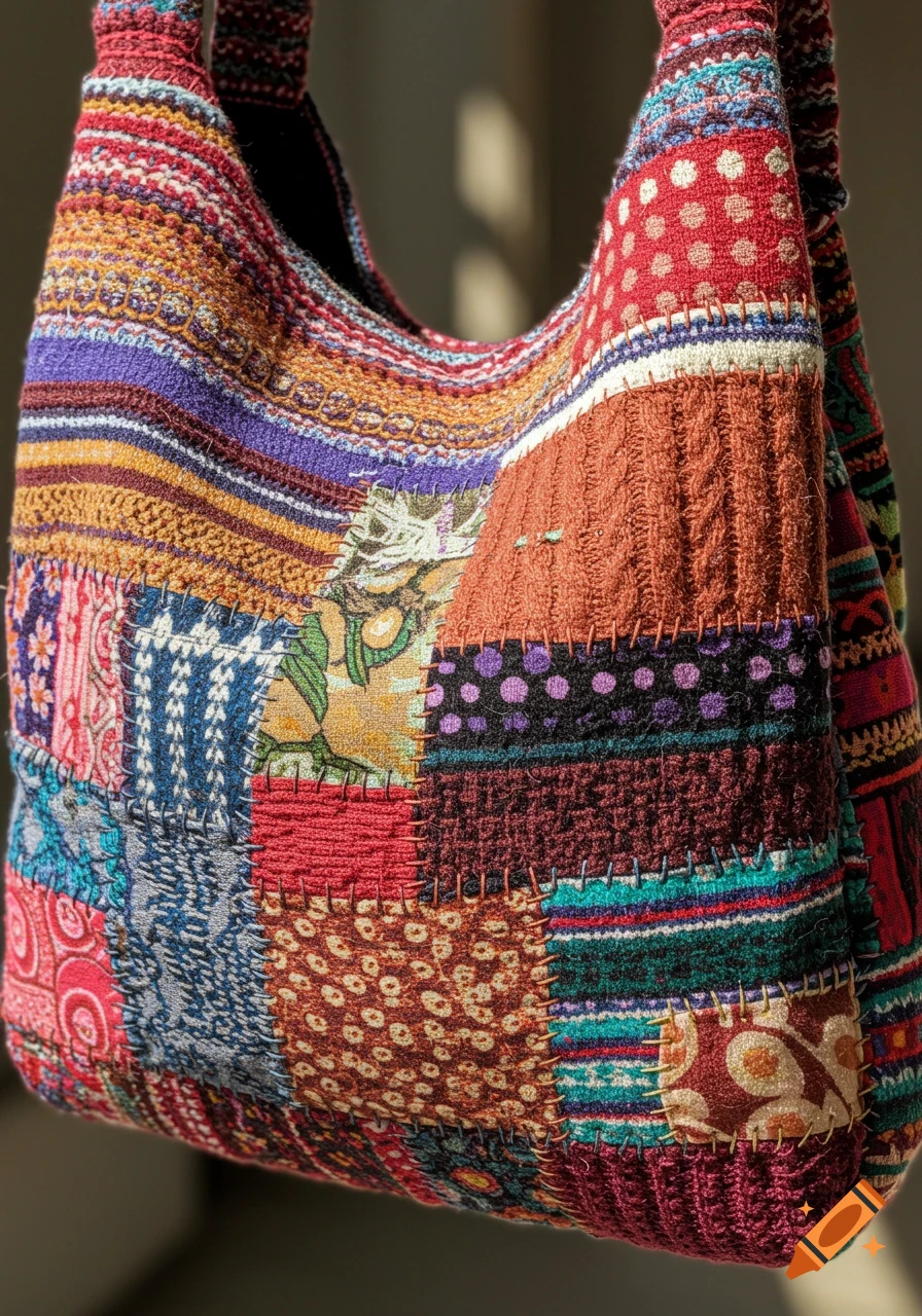 A close-up shot of a colorful, handmade patchwork shoulder bag made from various fabric scraps with intricate patterns and textures.