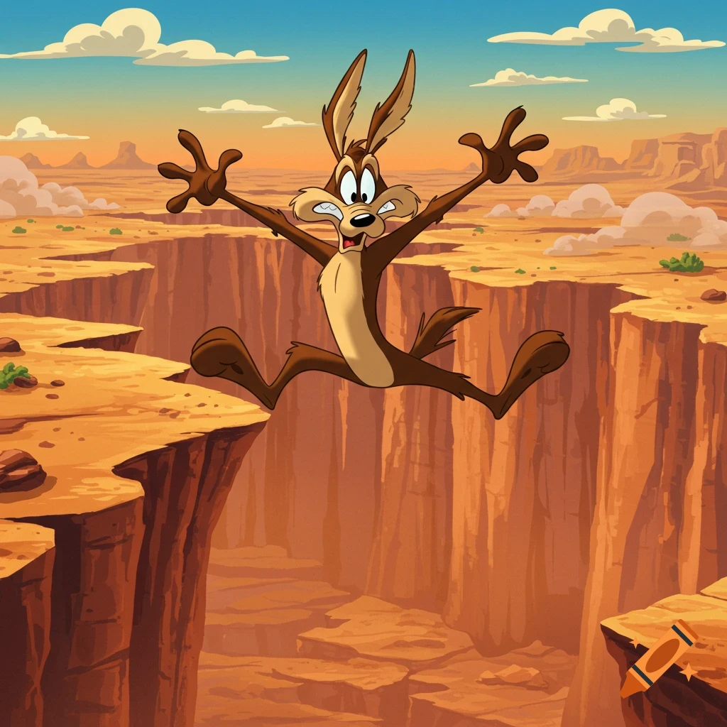 Wile E. Coyote cartoon character falling into a deep desert canyon with arms and legs splayed out.