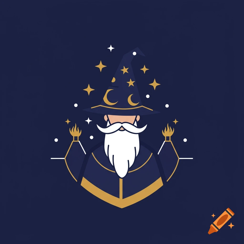 Stylized illustration of a wizard with a white beard, dark blue pointed hat with moons and stars, and glowing hands on a dark blue background.
