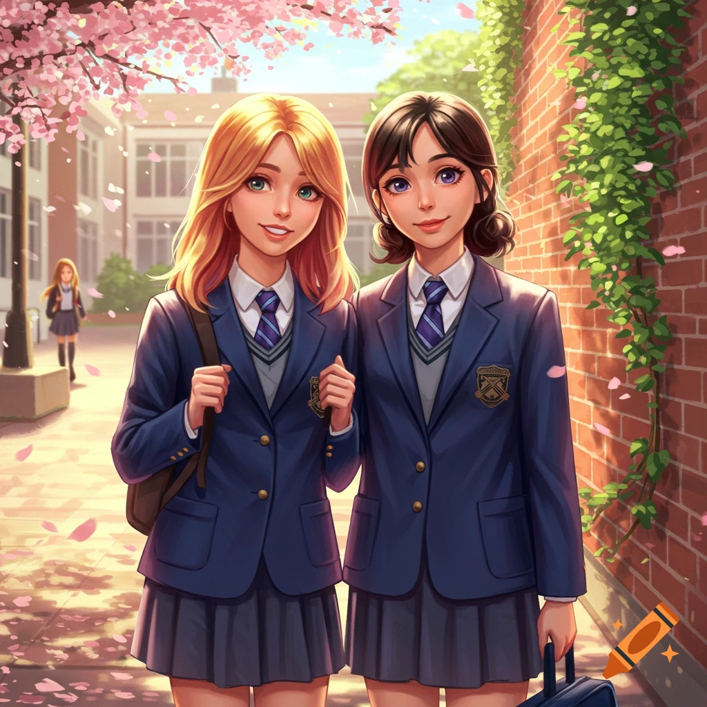 Smiling anime girls in blue school uniforms stand outside a school under pink cherry blossoms.