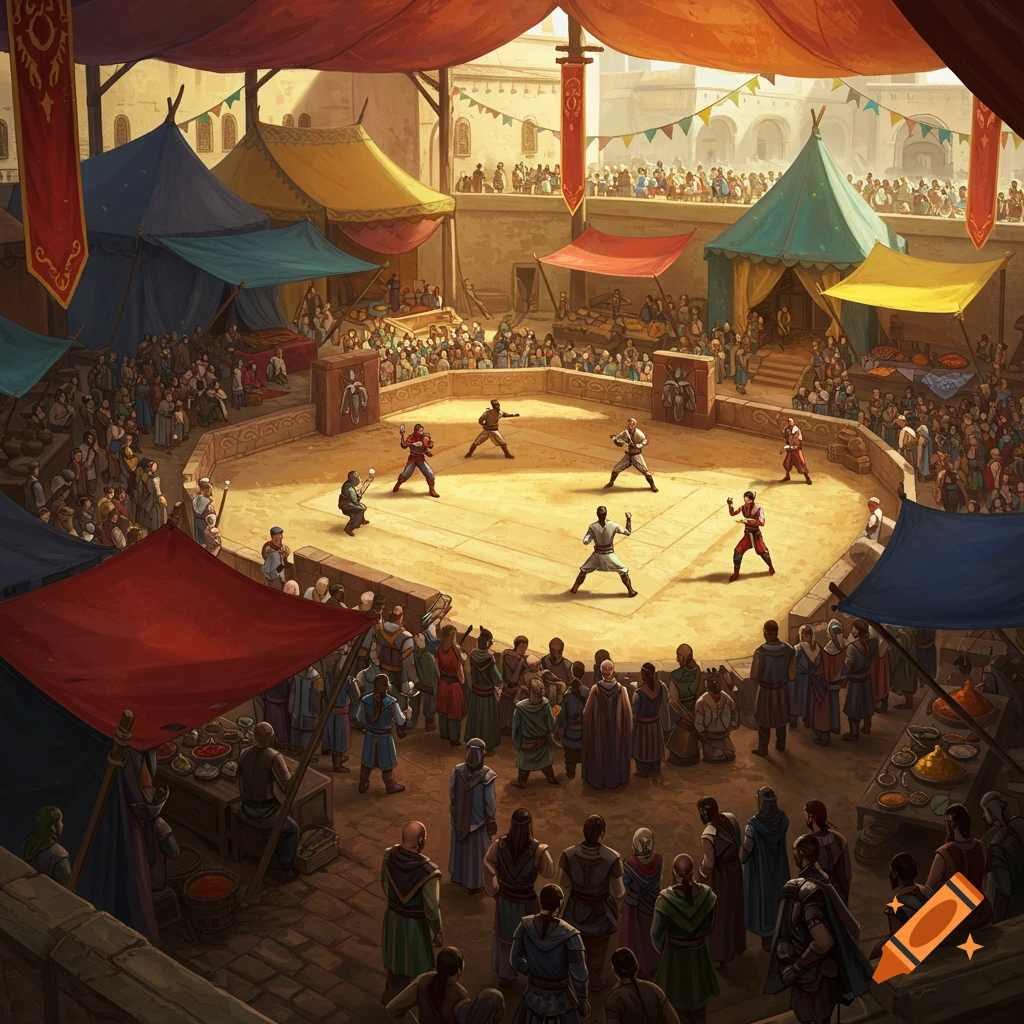 A detailed illustration of a bustling fantasy market with many tents and crowds watching a martial arts match in a central arena.