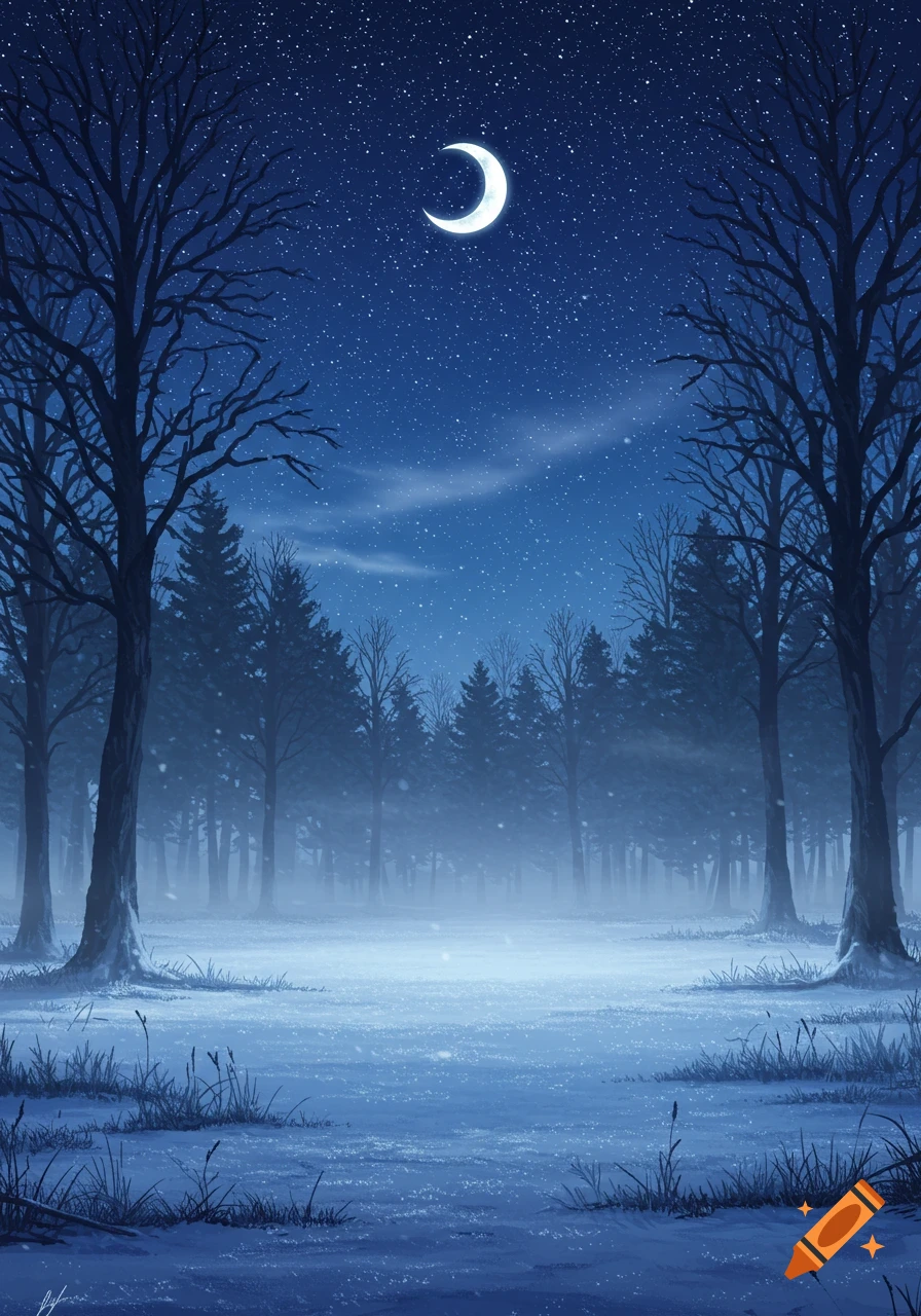 Stylized drawing of a serene winter forest at night, with snow covering the ground, bare trees, and a crescent moon in a starry sky.